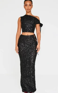 Sale PrettyLittleThing Petite Cut Out Side Sequin Maxi Skirt Black