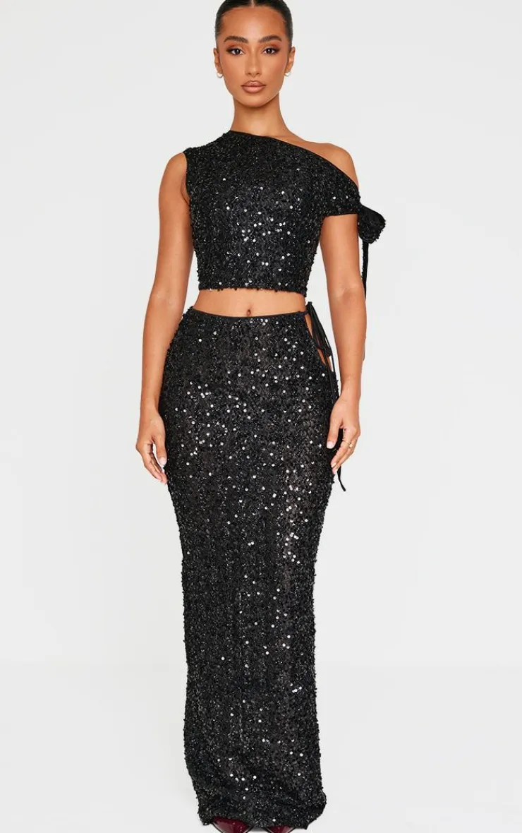 Sale PrettyLittleThing Petite Cut Out Side Sequin Maxi Skirt Black