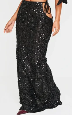 Sale PrettyLittleThing Petite Cut Out Side Sequin Maxi Skirt Black