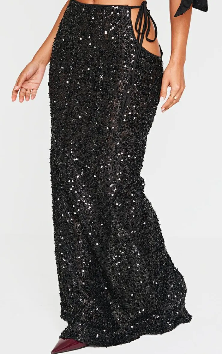 Sale PrettyLittleThing Petite Cut Out Side Sequin Maxi Skirt Black