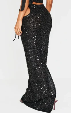 Sale PrettyLittleThing Petite Cut Out Side Sequin Maxi Skirt Black