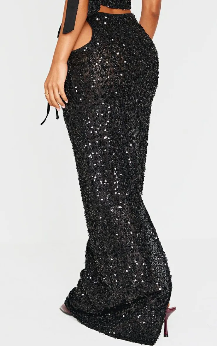 Sale PrettyLittleThing Petite Cut Out Side Sequin Maxi Skirt Black