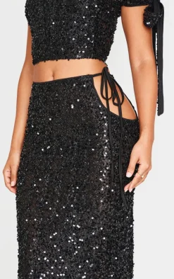 Sale PrettyLittleThing Petite Cut Out Side Sequin Maxi Skirt Black