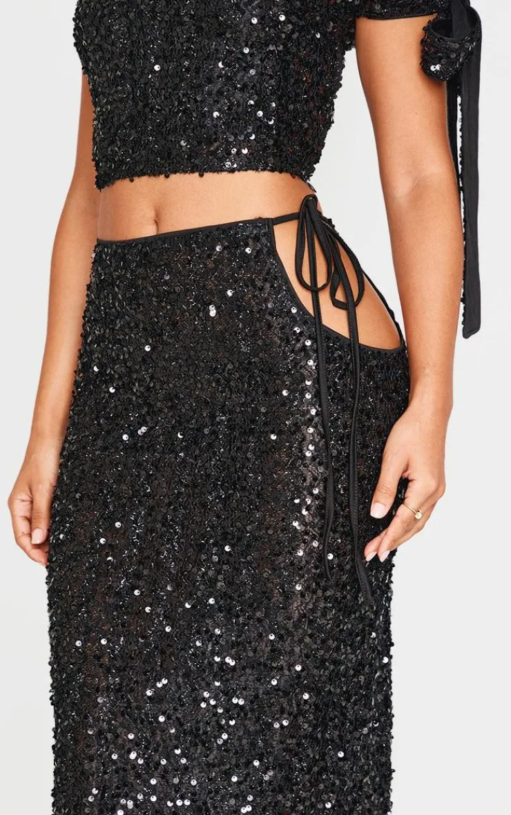 Sale PrettyLittleThing Petite Cut Out Side Sequin Maxi Skirt Black
