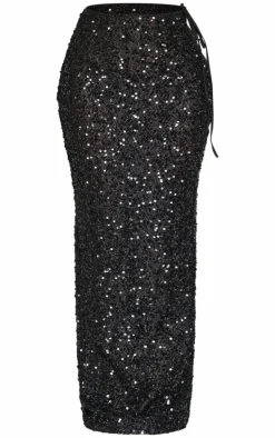 Sale PrettyLittleThing Petite Cut Out Side Sequin Maxi Skirt Black