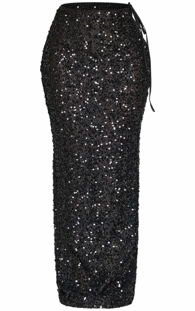 Sale PrettyLittleThing Petite Cut Out Side Sequin Maxi Skirt Black