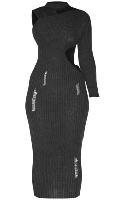 Petite Black Cut-out One Sleeve Knitted Midaxi Dress