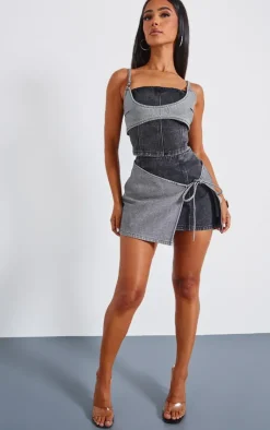 Outlet PrettyLittleThing Petite Denim Double Layered Tie Side Mini Skirt Black