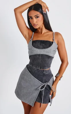 Outlet PrettyLittleThing Petite Denim Double Layered Tie Side Mini Skirt Black