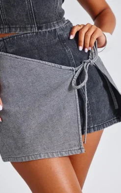 Outlet PrettyLittleThing Petite Denim Double Layered Tie Side Mini Skirt Black