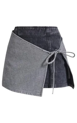 Outlet PrettyLittleThing Petite Denim Double Layered Tie Side Mini Skirt Black