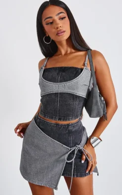Best PrettyLittleThing Petite Denim Double Layered Corset Top Black