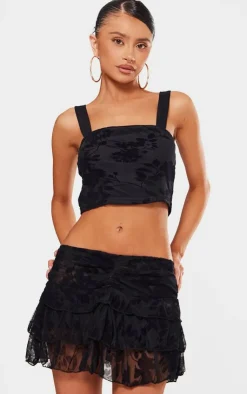 PrettyLittleThing Petite Devore Square Neck Crop Top Black