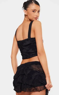 PrettyLittleThing Petite Devore Square Neck Crop Top Black