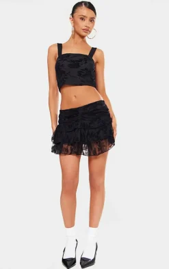 PrettyLittleThing Petite Devore Square Neck Crop Top Black