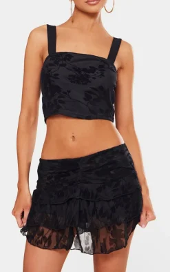 PrettyLittleThing Petite Devore Square Neck Crop Top Black