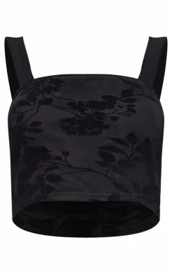 PrettyLittleThing Petite Devore Square Neck Crop Top Black