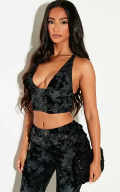 New PrettyLittleThing Petite Devore Strappy Crop Top Black