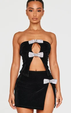 Discount PrettyLittleThing Petite Diamante Bow Detail Velvet Top Black