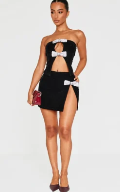Discount PrettyLittleThing Petite Diamante Bow Detail Velvet Top Black