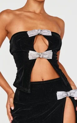 Discount PrettyLittleThing Petite Diamante Bow Detail Velvet Top Black