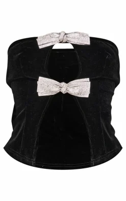 Discount PrettyLittleThing Petite Diamante Bow Detail Velvet Top Black