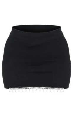 Sale PrettyLittleThing Petite Diamante Detail Snatched Rib Bodycon Skirt Black