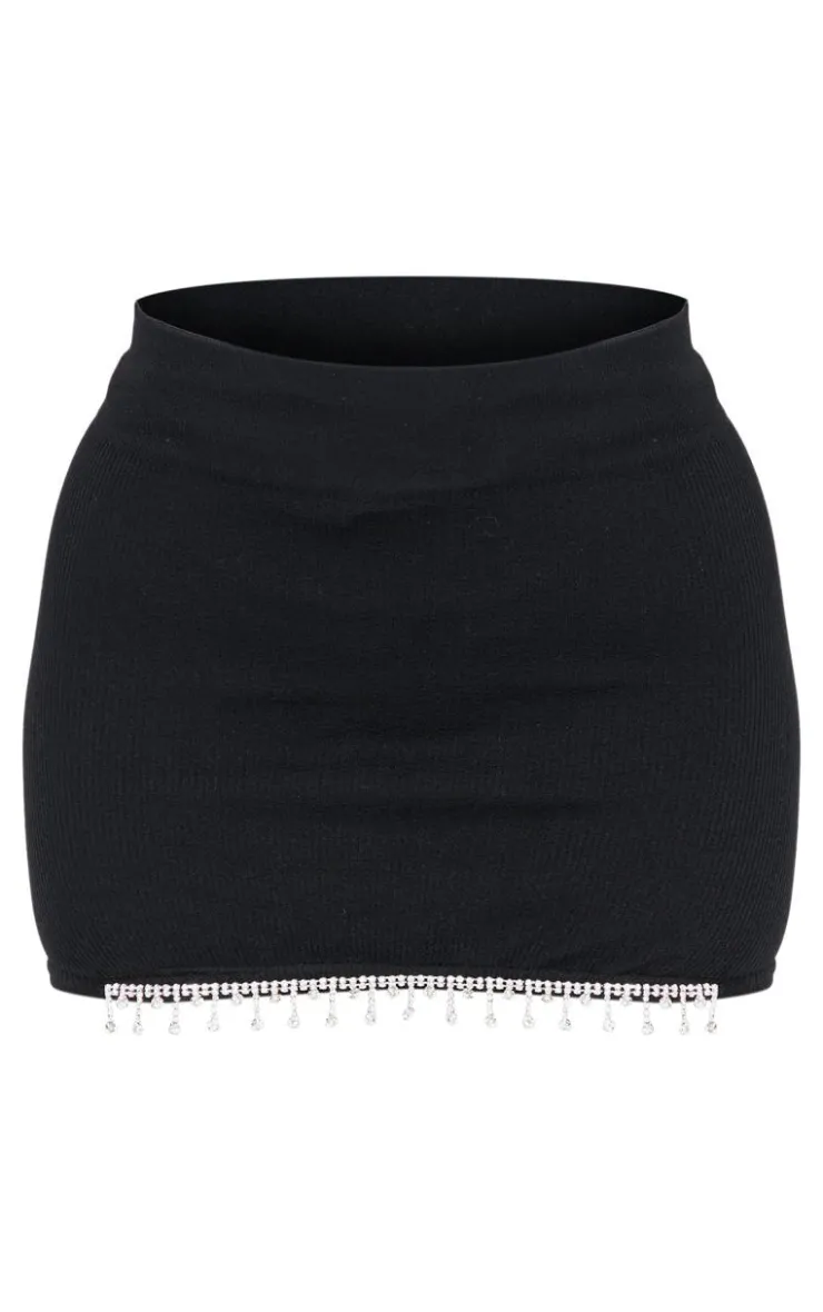 Sale PrettyLittleThing Petite Diamante Detail Snatched Rib Bodycon Skirt Black