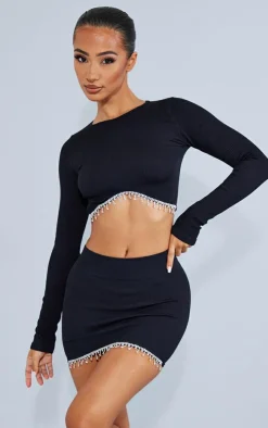 Hot PrettyLittleThing Petite Diamante Detail Snatched Rib Crop Top Black
