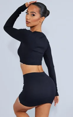 Hot PrettyLittleThing Petite Diamante Detail Snatched Rib Crop Top Black
