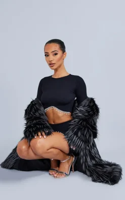 Hot PrettyLittleThing Petite Diamante Detail Snatched Rib Crop Top Black