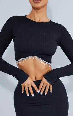 Hot PrettyLittleThing Petite Diamante Detail Snatched Rib Crop Top Black