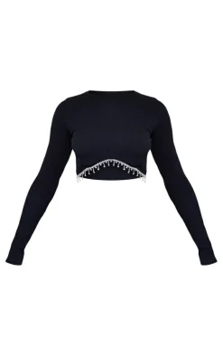 Hot PrettyLittleThing Petite Diamante Detail Snatched Rib Crop Top Black