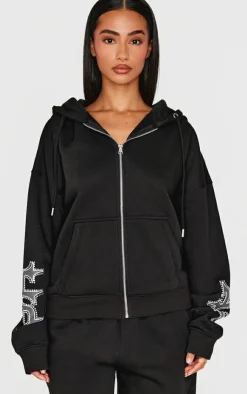 Outlet PrettyLittleThing Petite Diamante Graphic Detail Oversized Zip Up Hoodie Black