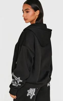Outlet PrettyLittleThing Petite Diamante Graphic Detail Oversized Zip Up Hoodie Black