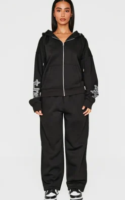 Outlet PrettyLittleThing Petite Diamante Graphic Detail Oversized Zip Up Hoodie Black