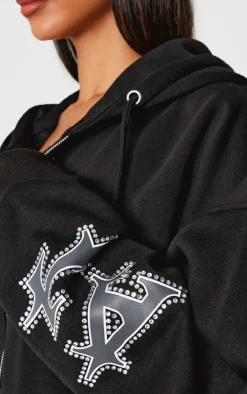 Outlet PrettyLittleThing Petite Diamante Graphic Detail Oversized Zip Up Hoodie Black