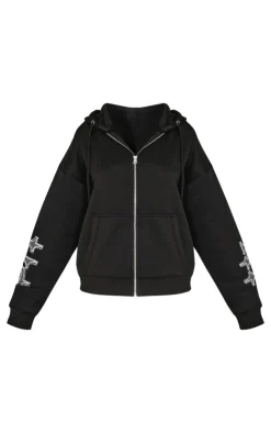 Outlet PrettyLittleThing Petite Diamante Graphic Detail Oversized Zip Up Hoodie Black