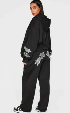 Best PrettyLittleThing Petite Diamante Graphic Detail Wide Leg Sweatpants Black