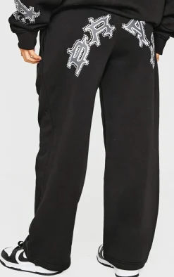 Best PrettyLittleThing Petite Diamante Graphic Detail Wide Leg Sweatpants Black