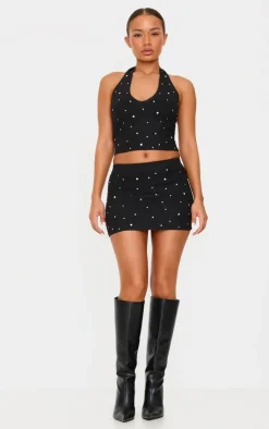 Discount PrettyLittleThing Petite Diamante Knit Mini Skirt Black