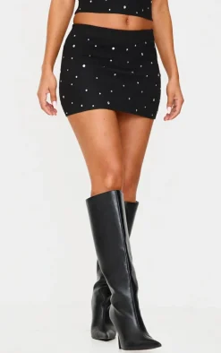 Discount PrettyLittleThing Petite Diamante Knit Mini Skirt Black
