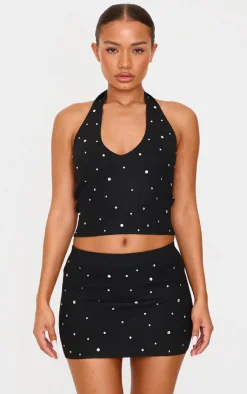 Discount PrettyLittleThing Petite Diamante Knit Mini Skirt Black