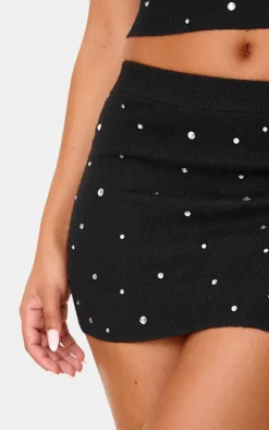Discount PrettyLittleThing Petite Diamante Knit Mini Skirt Black