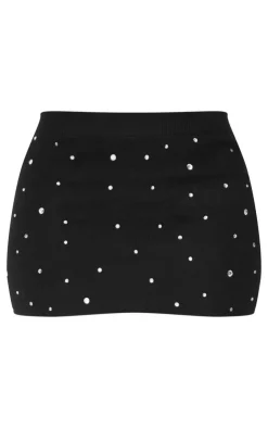 Discount PrettyLittleThing Petite Diamante Knit Mini Skirt Black