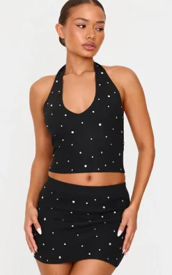 Online PrettyLittleThing Petite Diamante Knit Halterneck Top Black