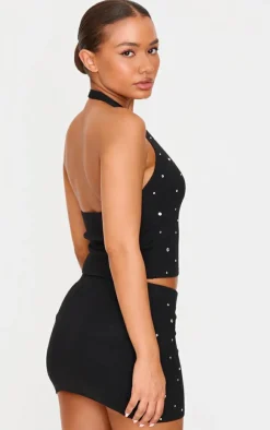 Online PrettyLittleThing Petite Diamante Knit Halterneck Top Black