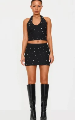 Online PrettyLittleThing Petite Diamante Knit Halterneck Top Black
