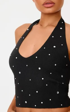 Online PrettyLittleThing Petite Diamante Knit Halterneck Top Black