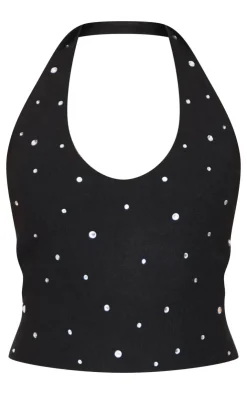 Online PrettyLittleThing Petite Diamante Knit Halterneck Top Black
